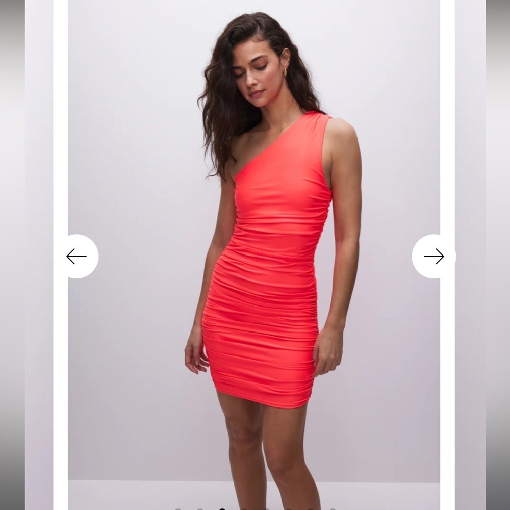 Good American ruched one shoulder mini dress neon coral size 1 small NWT